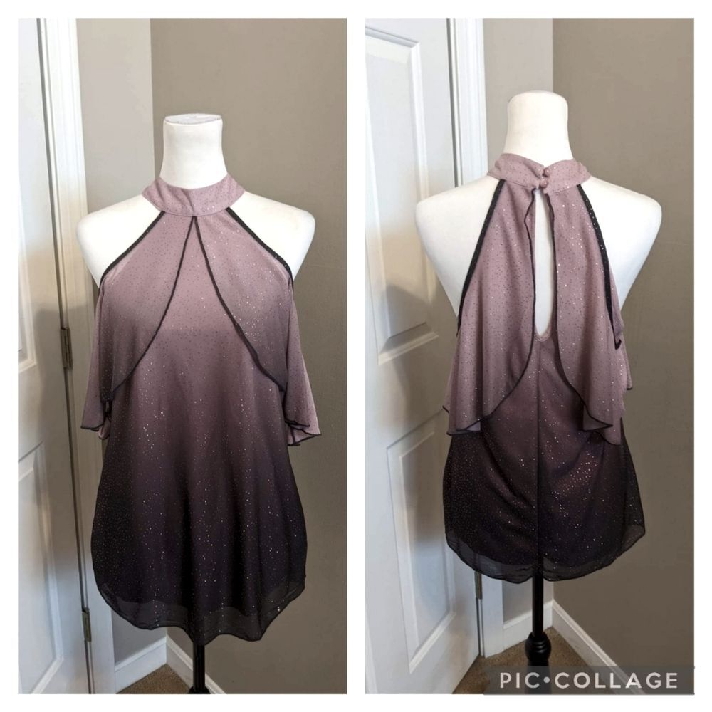VENUS ombre purple sleeveless sparkle blouse, ruffles, high neck, S